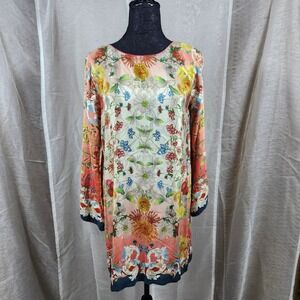 Johnny Was Floral Silk Tunic Dress Long Sleeve Bohemian Colorful S